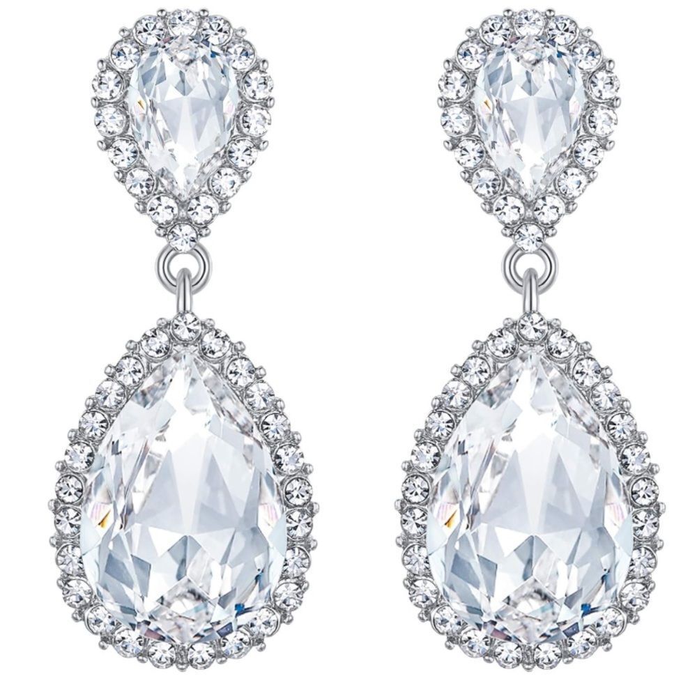 Silver with White Diamond Austrian Crystal Double Teardrop Post Back Earrings